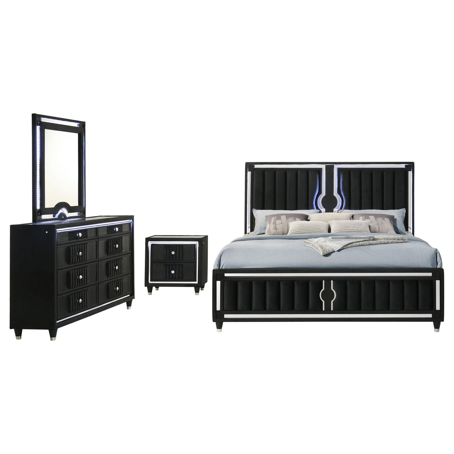 Ravenne 4-piece Velvet Upholstered California King LED Bedroom Set Black