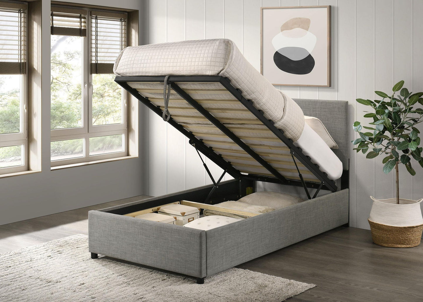 Reeves Upholstered Twin Lift-Top Storage Platform Bed Grey