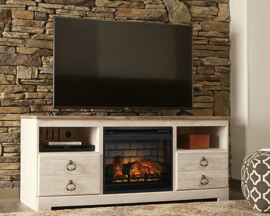 Willowton - 2 Pc. - 64" TV Stand With Faux Firebrick Fireplace Insert - Whitewash