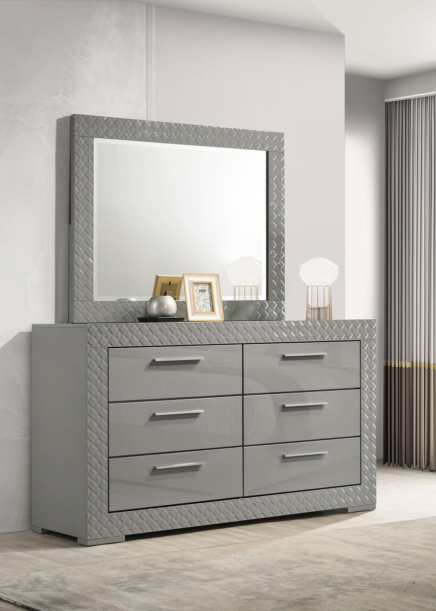 grey diamond dresser Ives 6-drawer and Mirror High Gloss – Lancaster's Furniture to Go BM-Shop By Type -Dresses