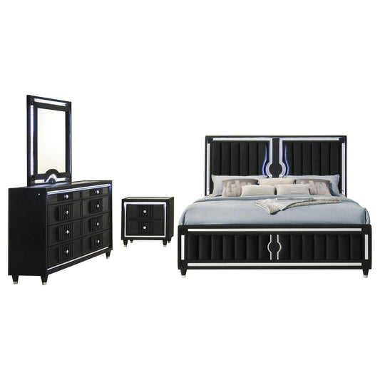 Ravenne 4-piece Velvet Upholstered Eastern King LED Bedroom Set Black