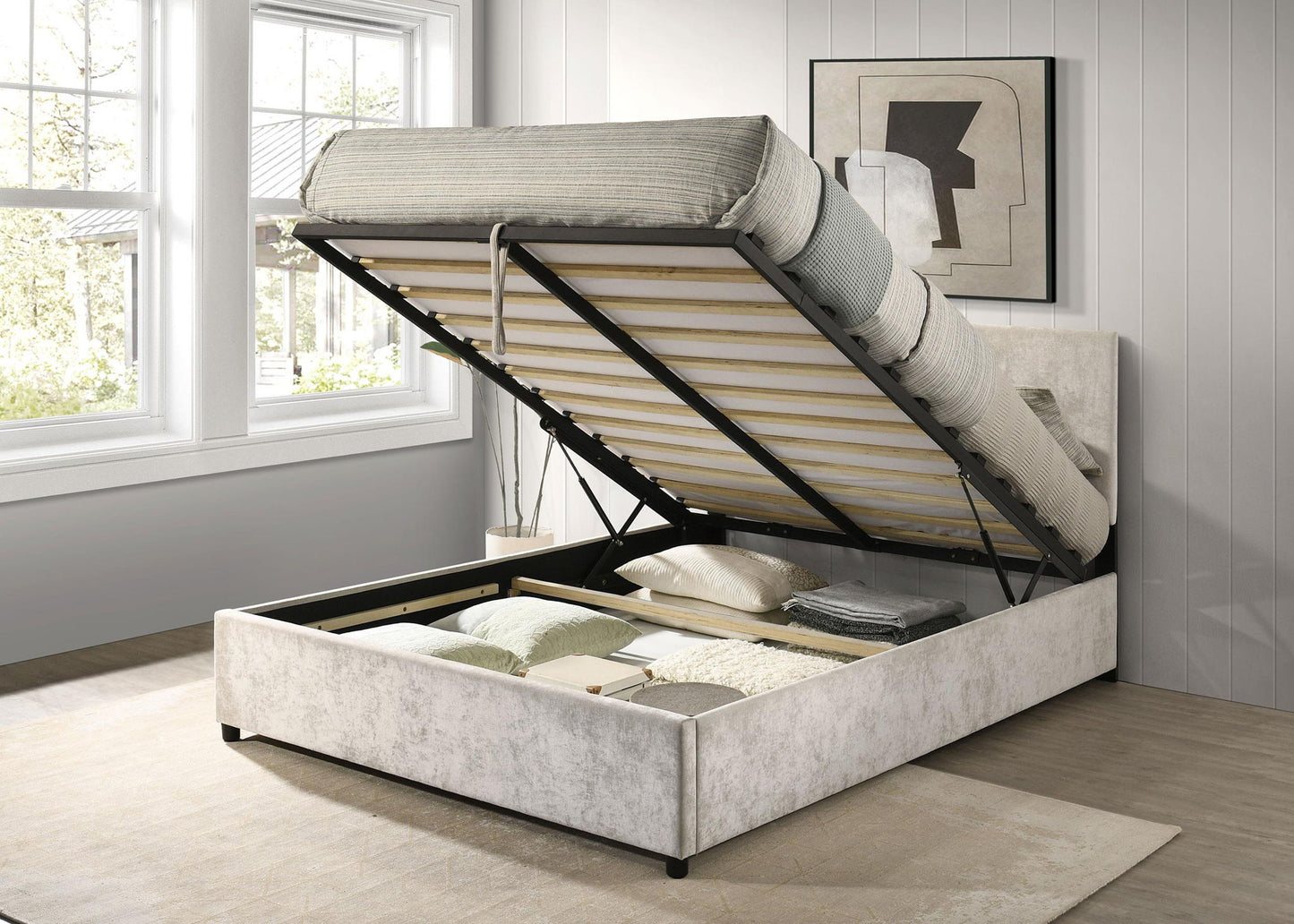 Reeves Upholstered Queen Lift-Top Storage Platform Bed Beige