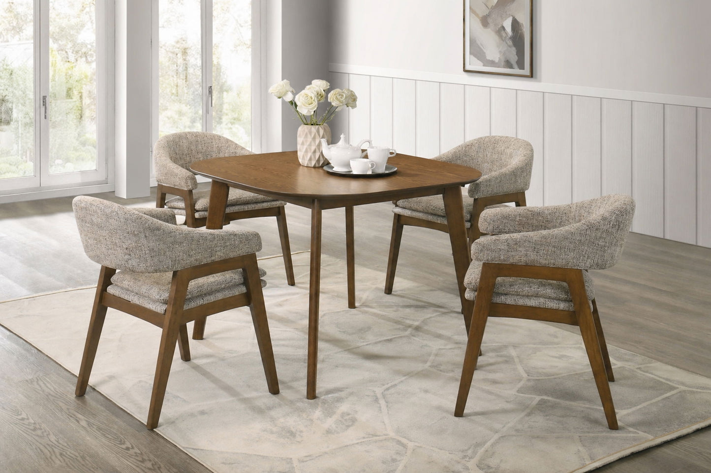 Miller - 5 Piece Set (39" Square Dining Table With 4 Arm Chairs) - Walnut / Gray