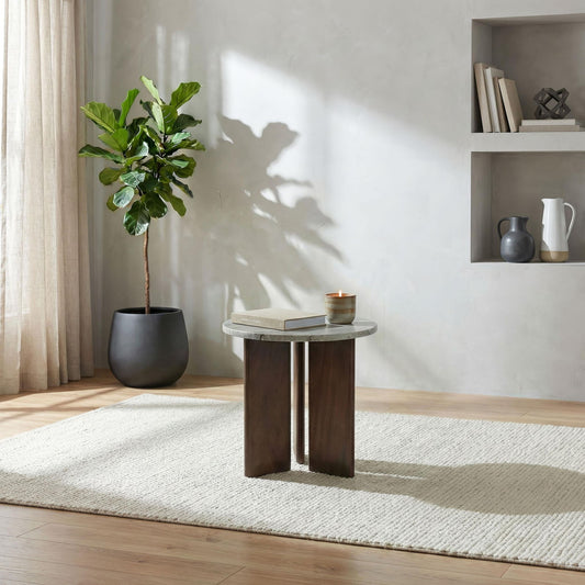 Jenna Round Marble Top Mango Wood Side End Table Brown