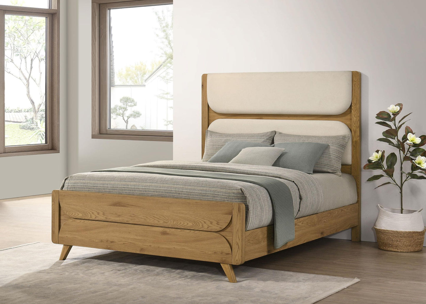 Bennett 63-inch Queen Upholstered Panel Bed Cream and Light Oak