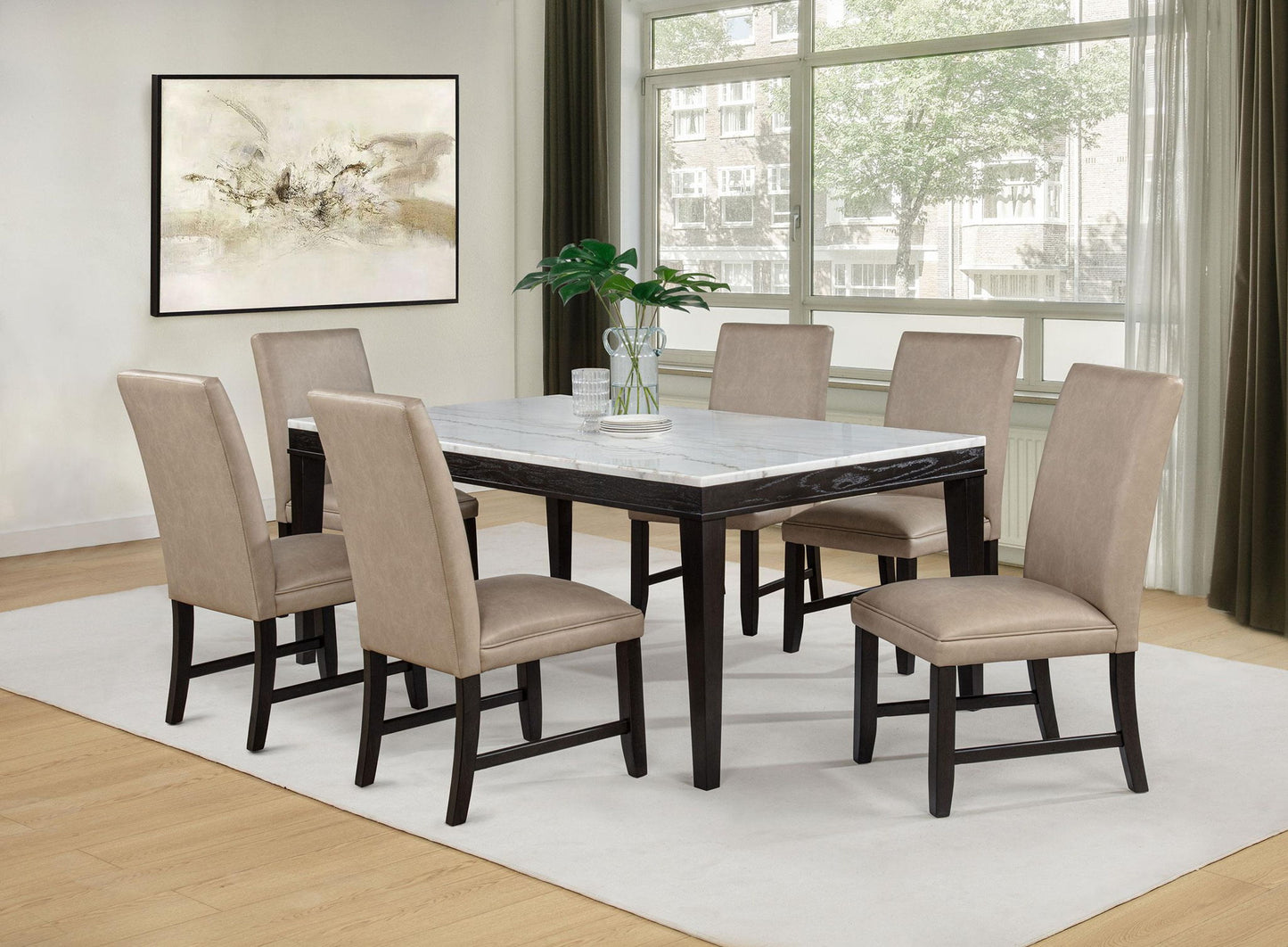 Averill 7-piece White Marble Top Dining Set Tan and Coffee Bean