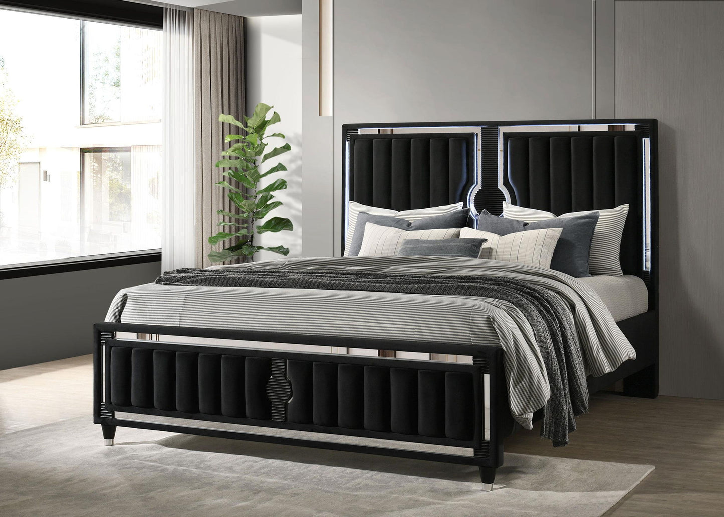 Ravenne Velvet Upholstered California King LED Panel Bed Black