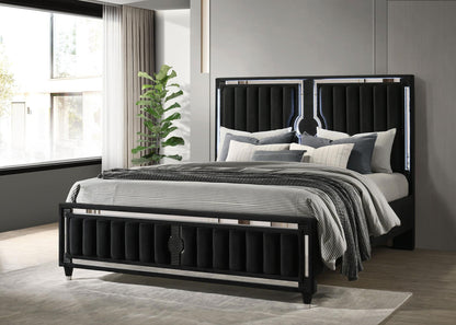 Ravenne Velvet Upholstered California King LED Panel Bed Black
