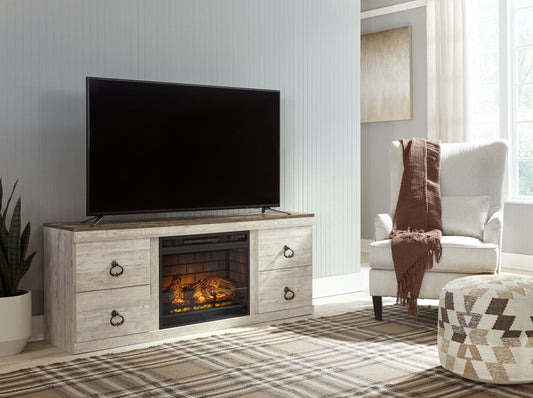 Willowton - 2 Pc. - TV Stand With Faux Firebrick Fireplace Insert - Whitewash