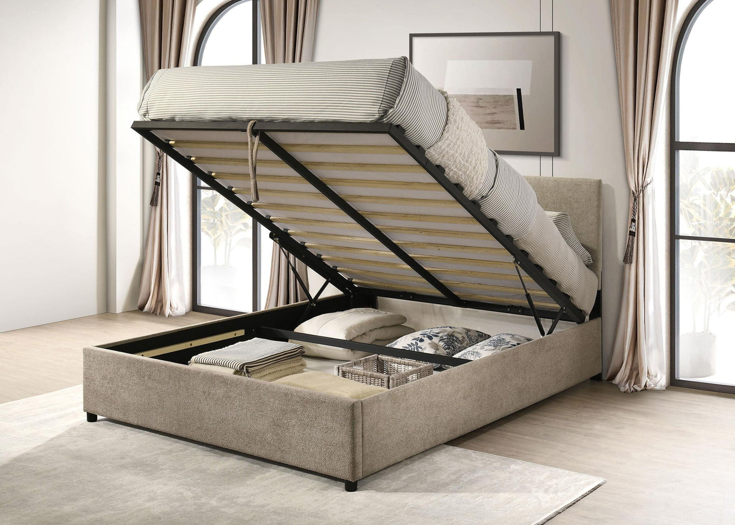 Reeves Upholstered Eastern King Lift-Top Storage Platform Bed Tan