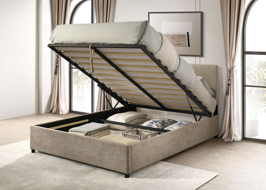 Reeves Upholstered Eastern King Lift-Top Storage Platform Bed Tan