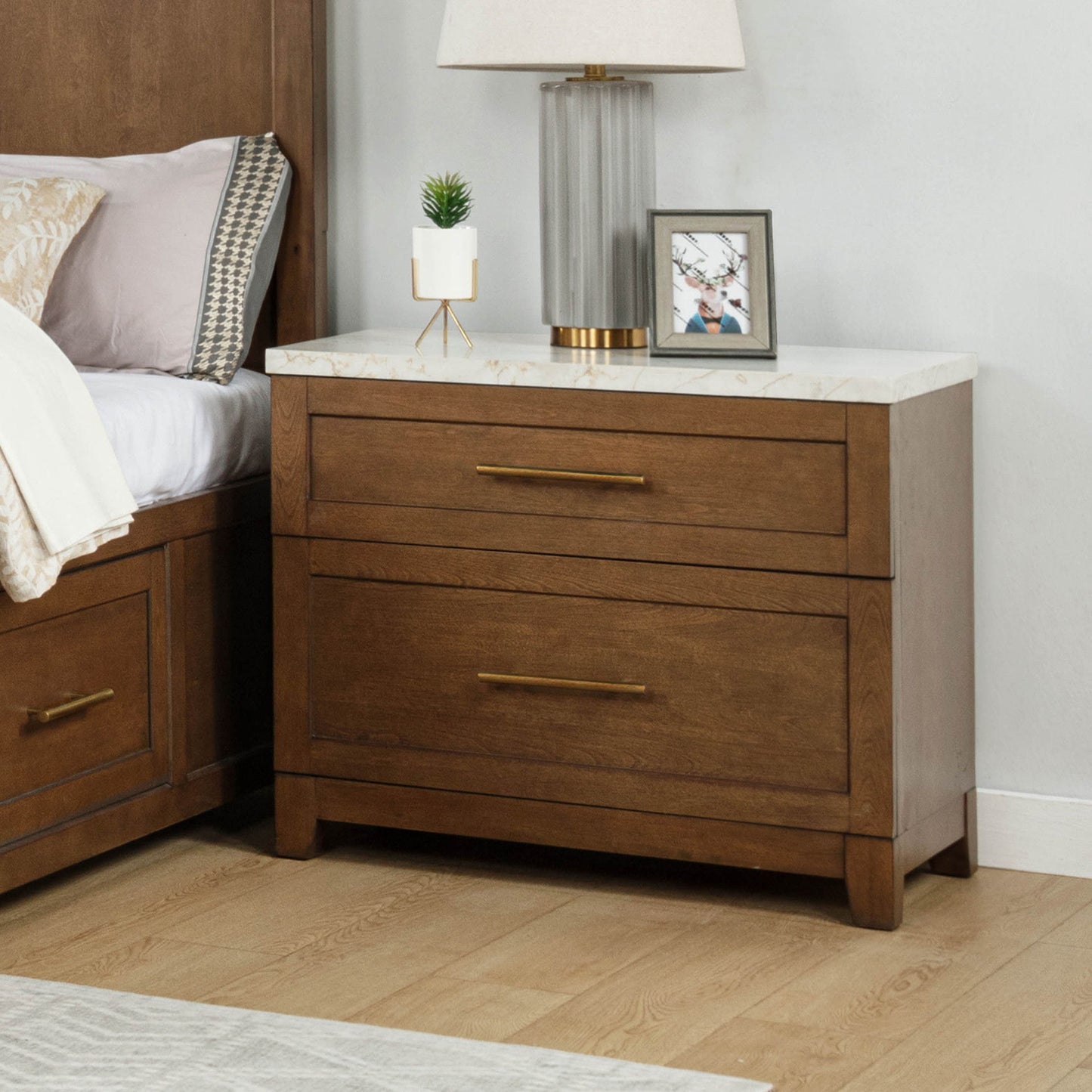 Devonshire - Nightstand With Marble Top And USB Port - Cognac