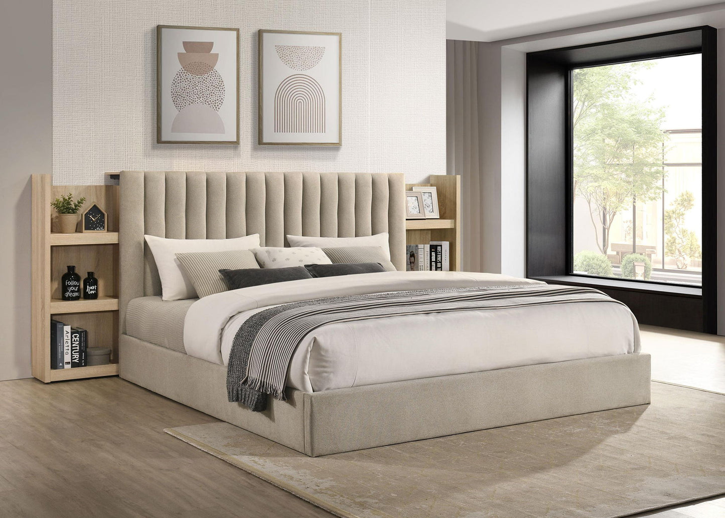 Arielle Eastern King Bookcase Panel Storage Bed Light Oak