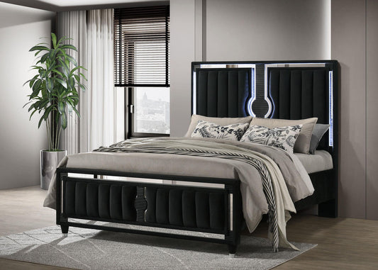 Ravenne Velvet Upholstered Queen LED Panel Bed Black