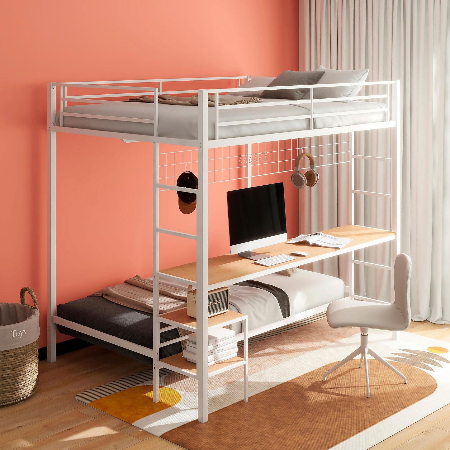 Bettoni Metal Full Over Twin Workstation Bunk Bed Matte White