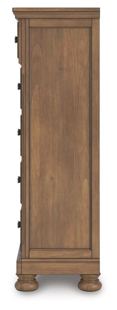 Feddinger - 5 Pc. - Queen Sleigh Storage Bed, Dresser, Mirror, Chest And Nightstand - Medium Brown