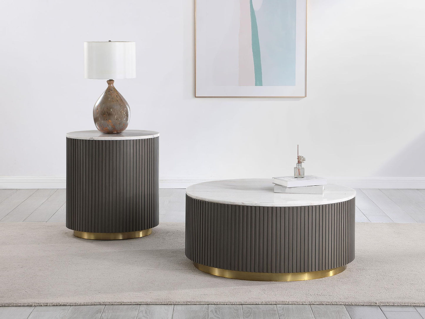 Jason 2-piece Round White Marble Coffee Table Set Charcoal