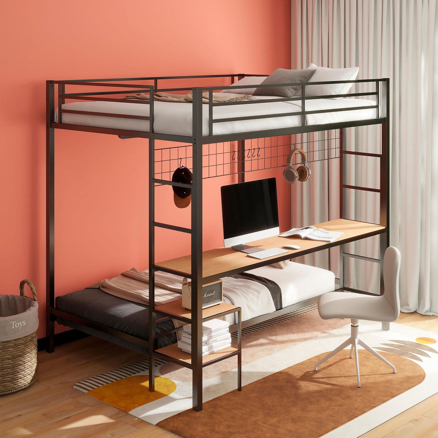 Bettoni Metal Full Over Twin Workstation Bunk Bed Matte Black