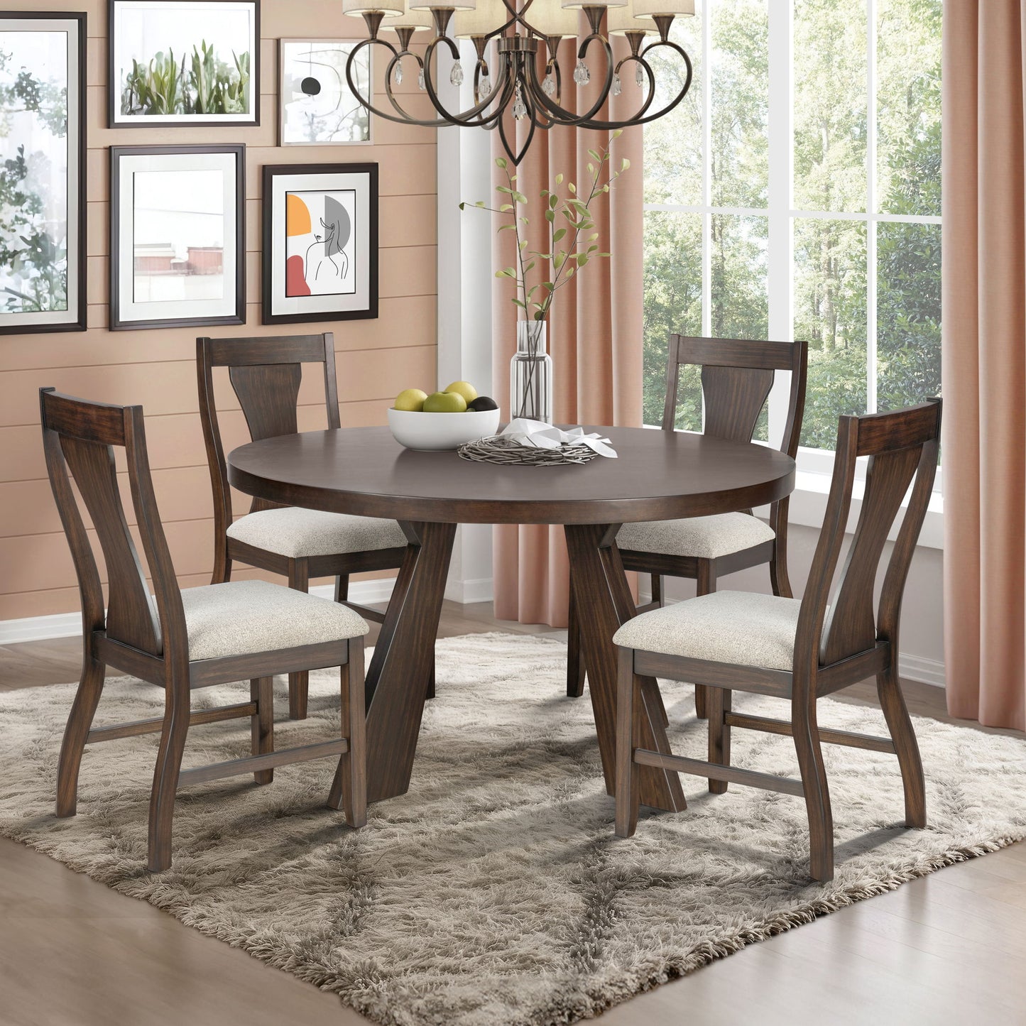 Chestnut Ridge - 5 Piece Dining Room Set (Round 47" Table & 4 Chairs) - Brown / Beige