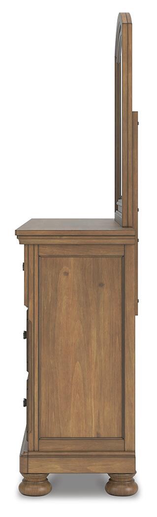 Feddinger - 5 Pc. - Queen Sleigh Storage Bed, Dresser, Mirror, Chest And Nightstand - Medium Brown