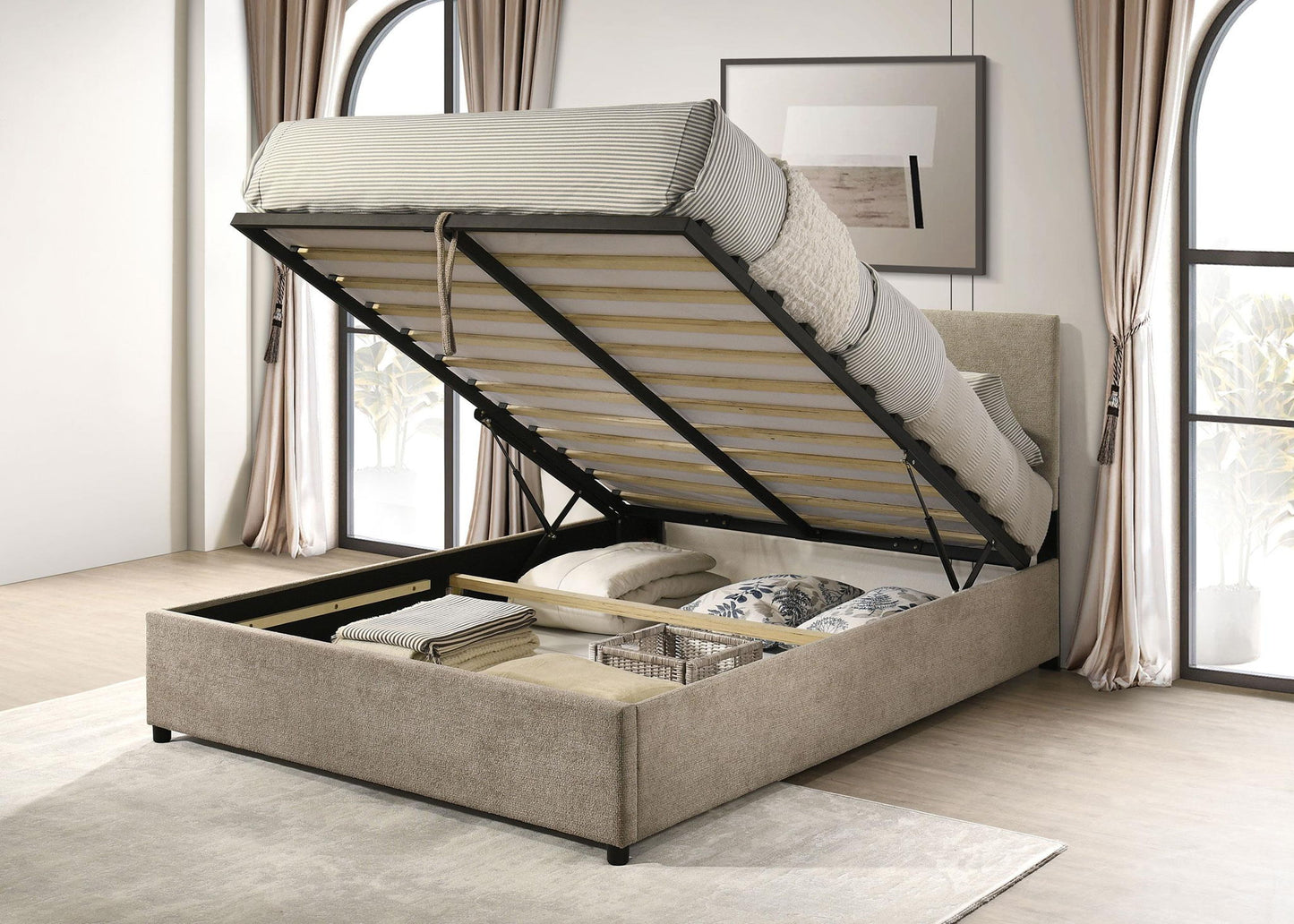 Reeves Upholstered Queen Lift-Top Storage Platform Bed Tan