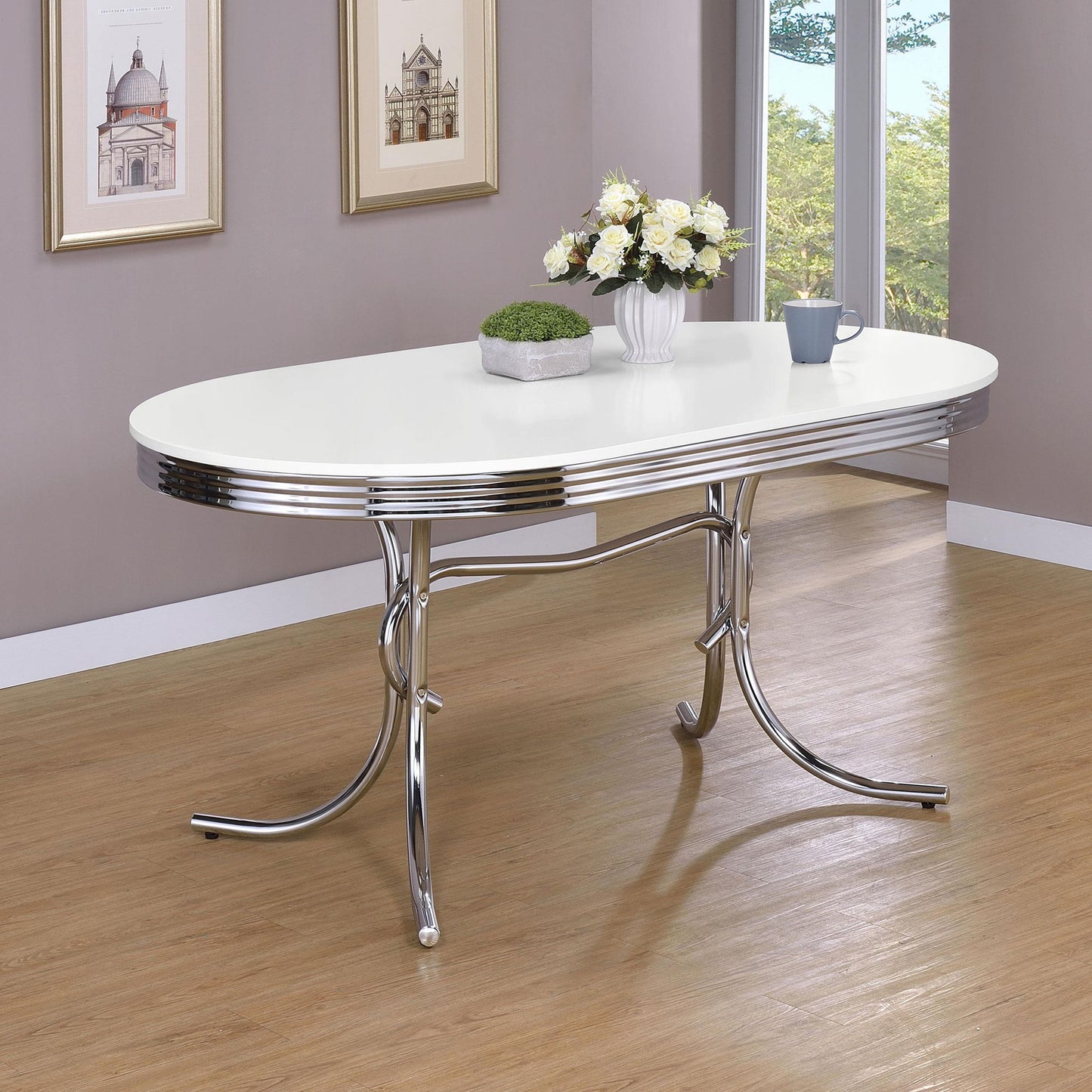 Retro Oval 60-inch Wood Top Dining Table White and Chrome