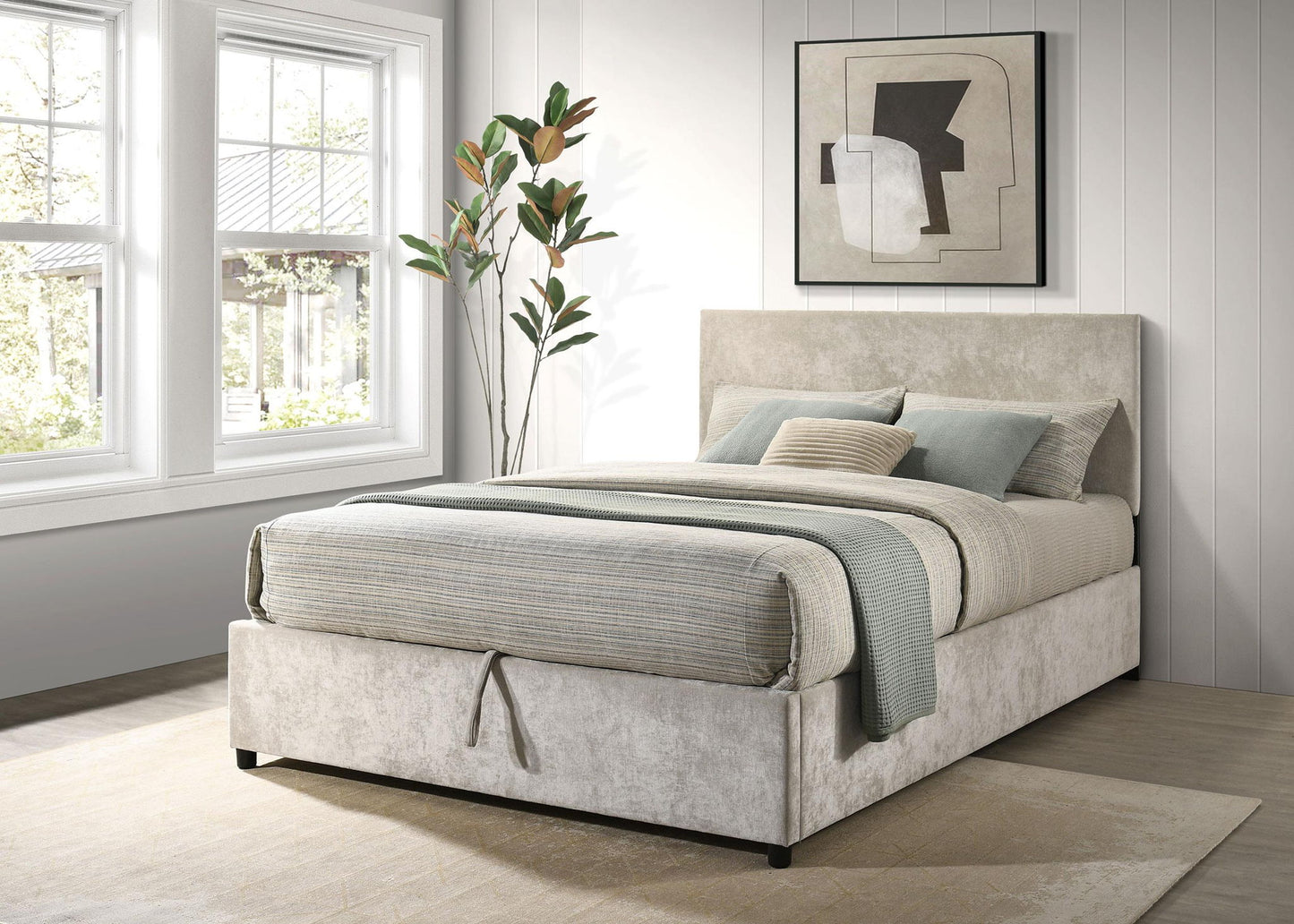 Reeves Upholstered Queen Lift-Top Storage Platform Bed Beige