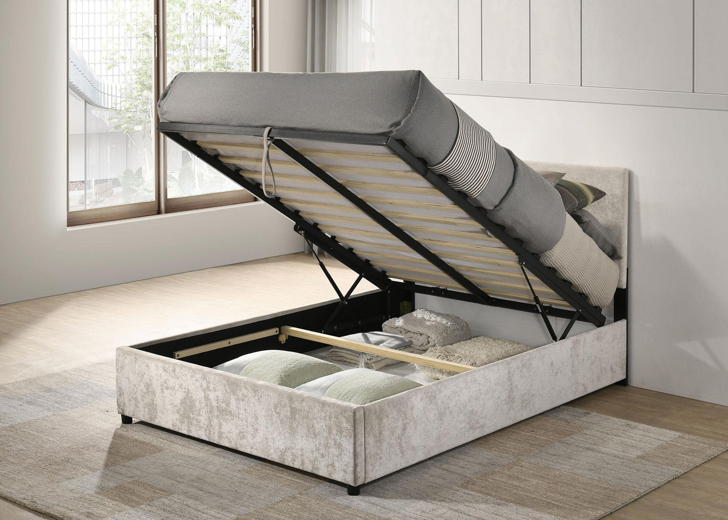 Reeves Upholstered Full Lift-Top Storage Platform Bed Beige