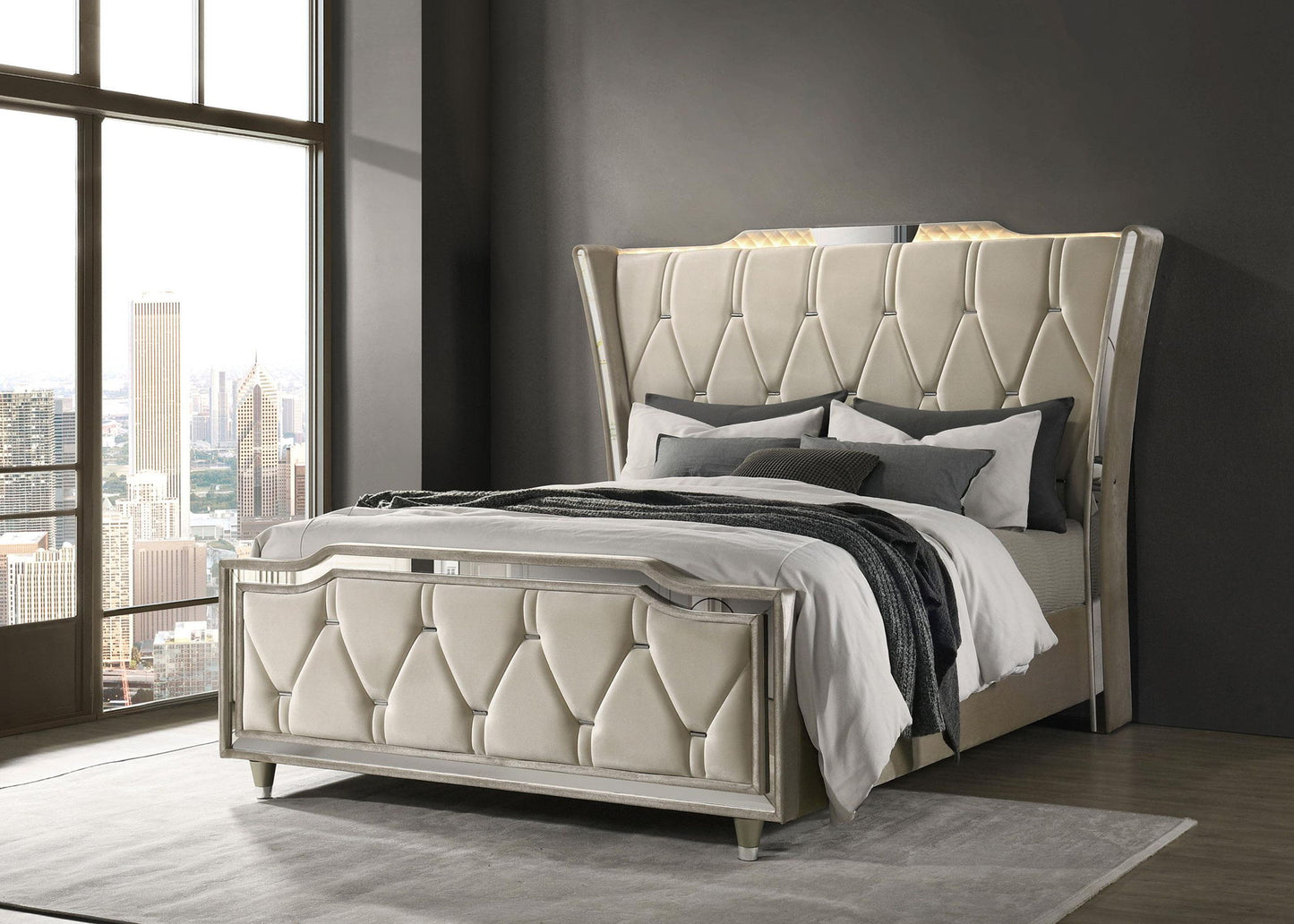 Lorient Queen LED Upholstered Wingback Bed Ivory and Camel