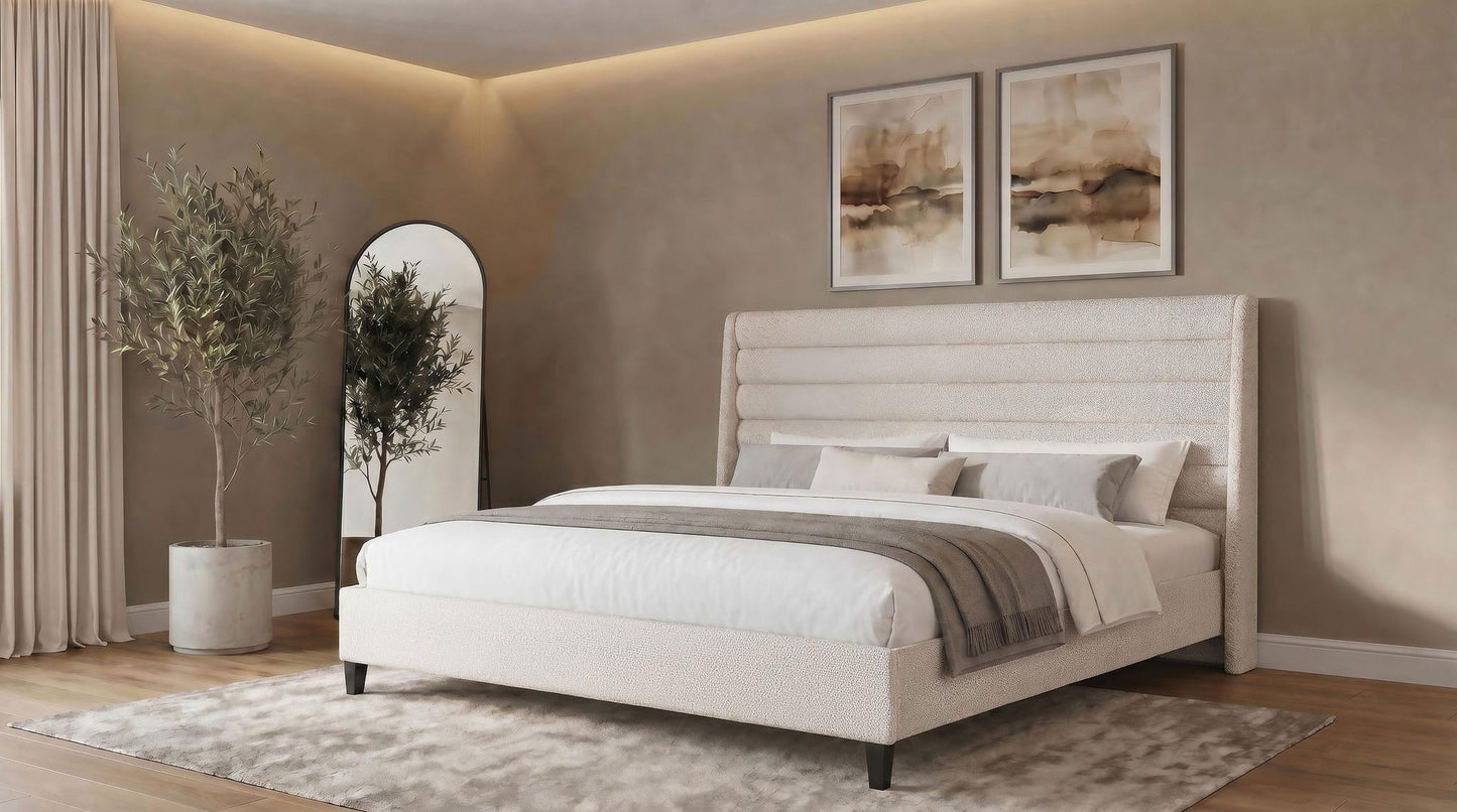Leslie Upholstered Tufted Eastern King Wingback Platform Bed Beige