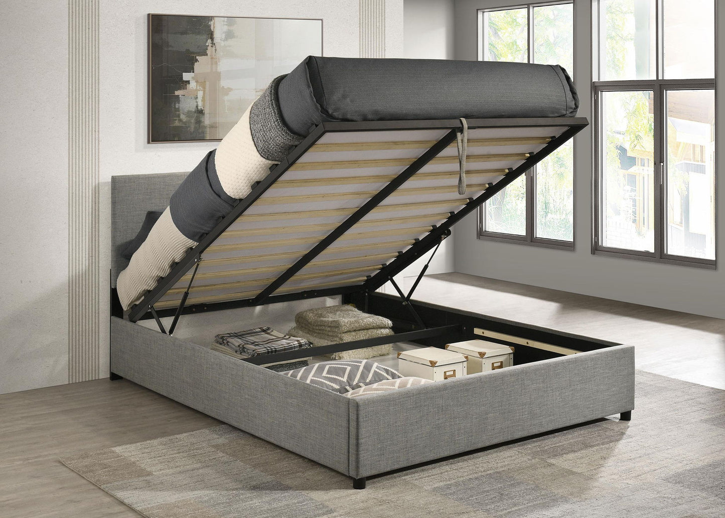 Reeves Upholstered Eastern King Lift-Top Storage Platform Bed Grey