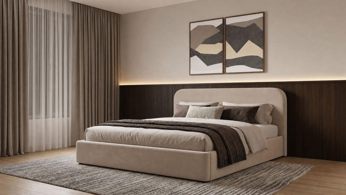 Anders Upholstered Eastern King Storage Lift Platform Bed Beige