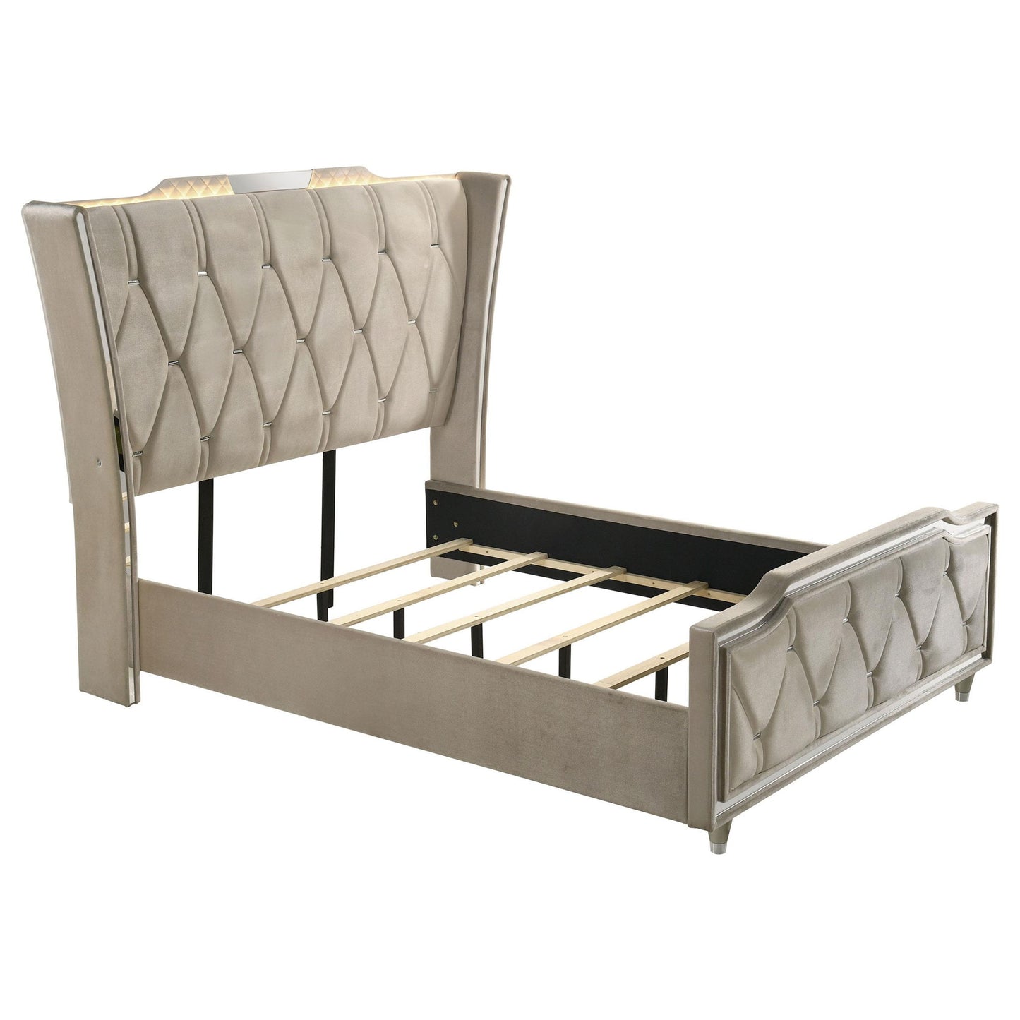 Lorient Queen LED Upholstered Wingback Bed Ivory and Camel