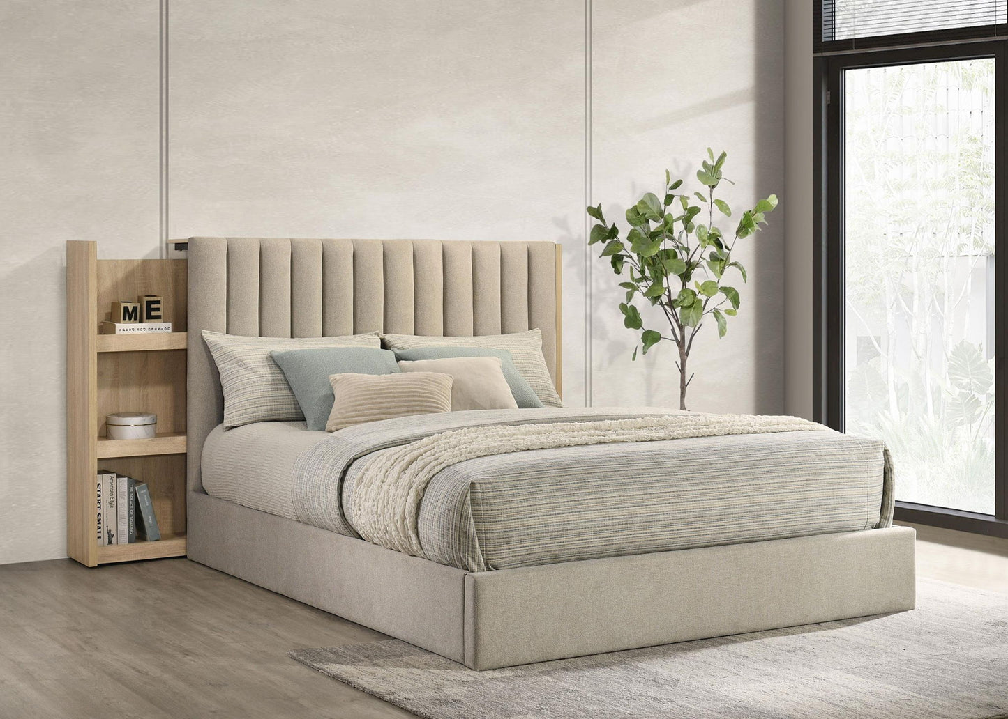 Arielle Queen Bookcase Panel Storage Bed Light Oak