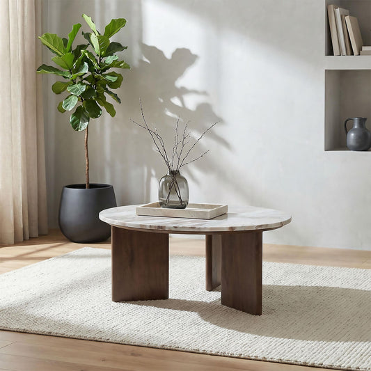 Jenna 35-inch Round Marble Top Cocktail Coffee Table Brown