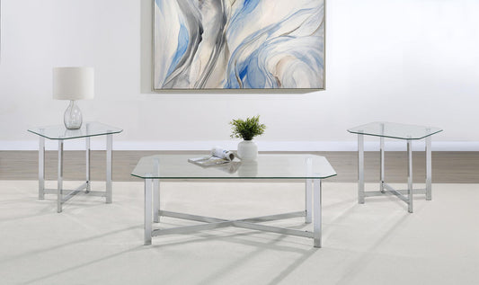 Cronin 3-piece Tempered Glass Top Coffee Table Set Chrome