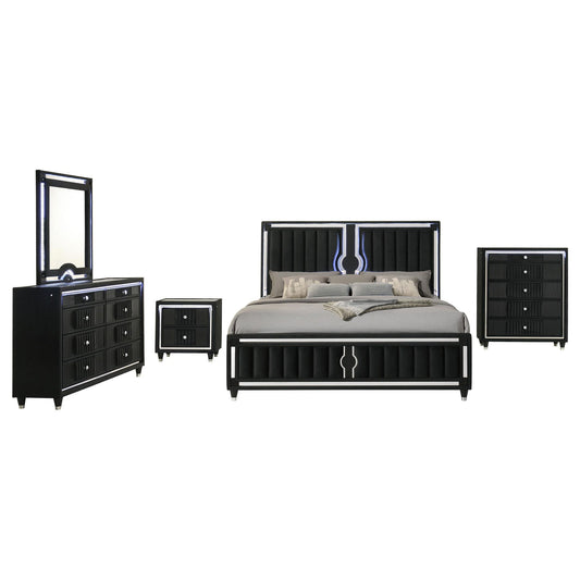 Ravenne 5-piece Velvet Upholstered Eastern King LED Bedroom Set Black