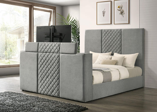 Tara 61-inch Upholstered Eastern King Panel TV Bed Grey