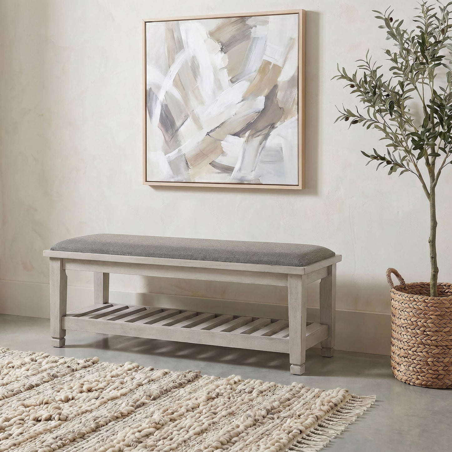 Franco Fabric Upholstered Bench with Shelf Distressed White