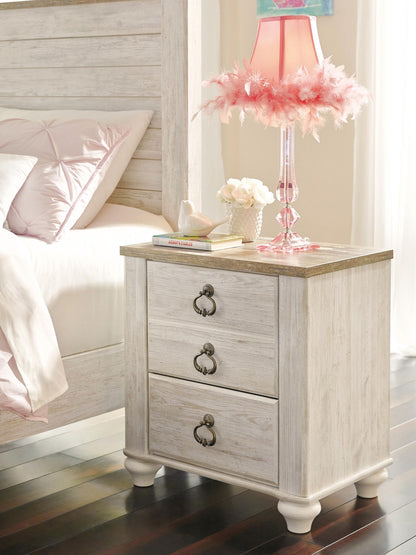 Willowton - Two Drawer Night Stand - Brown / Beige / White
