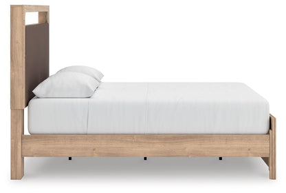 Kinlanni - 3 Pc. - Queen Upholstered Panel Bed With Roll Slats, Dresser And Mirror - Tan
