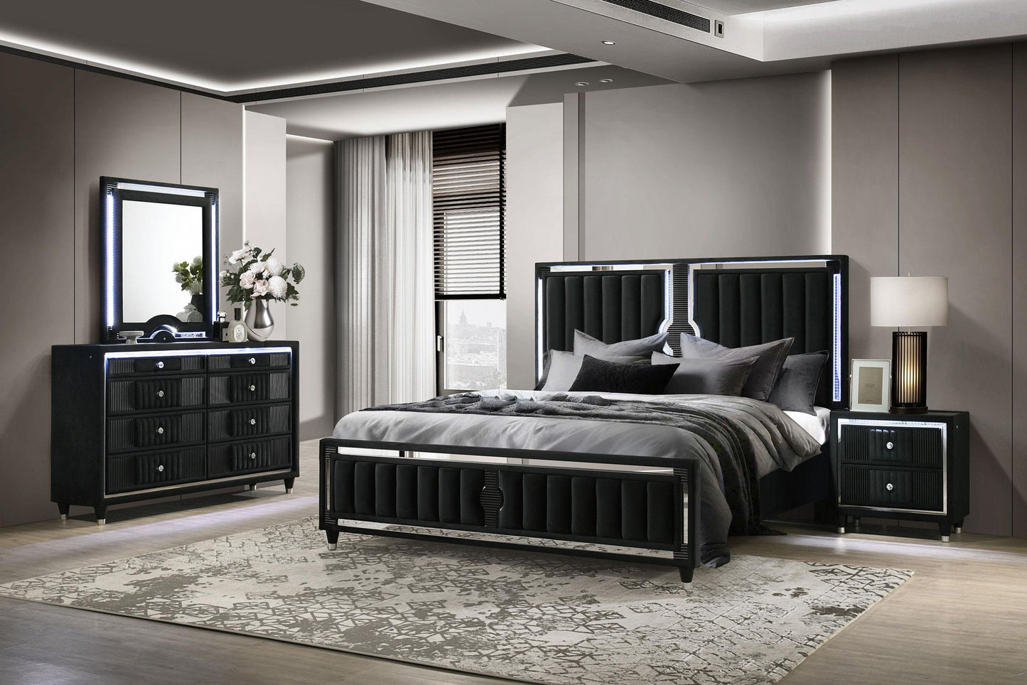Ravenne 4-piece Velvet Upholstered Queen LED Bedroom Set Black