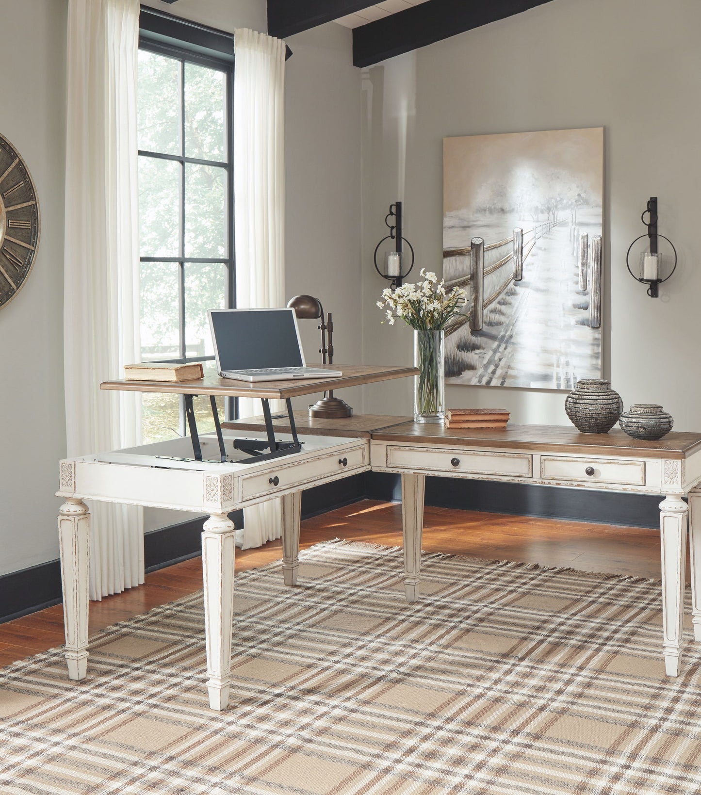 Realyn - L Shaped Desk With Lift Top - White / Brown