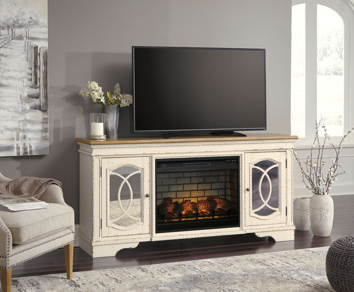 Realyn - 2 Pc. - 74" TV Stand With Electric Infrared Fireplace Insert - Chipped White