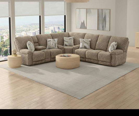 Beacon - Lay Flat Recliner Console Loveseat With Storage Arm / Reading Lights / Extended Ottoman &USB / USB-C & Power - Mushroom