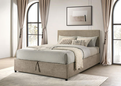 Reeves Upholstered Eastern King Lift-Top Storage Platform Bed Tan