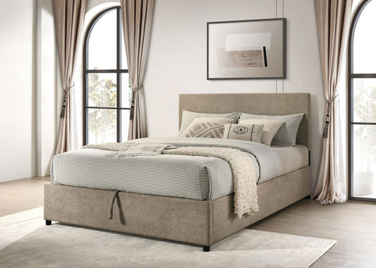 Reeves Upholstered Eastern King Lift-Top Storage Platform Bed Tan