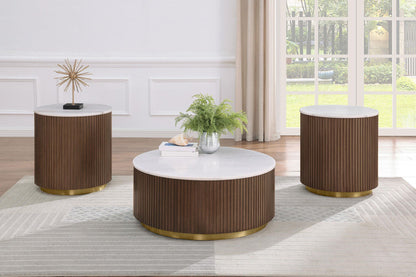Jason 3-piece Round White Marble Coffee Table Set Honey Brown