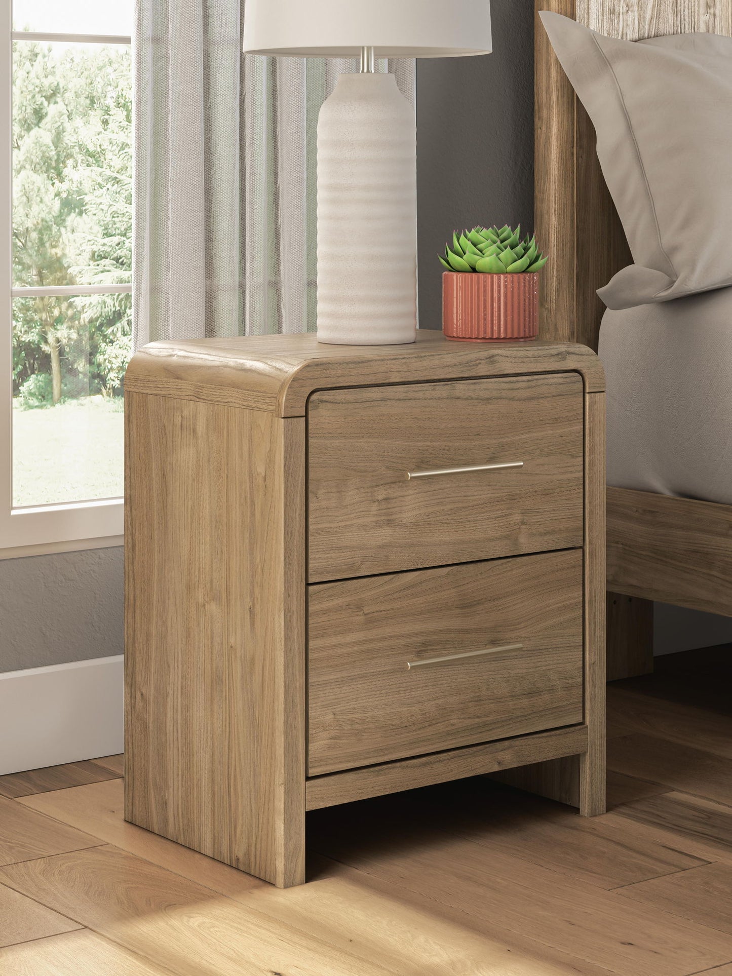 Gramburg - Two Drawer Night Stand - Warm Natural Brown