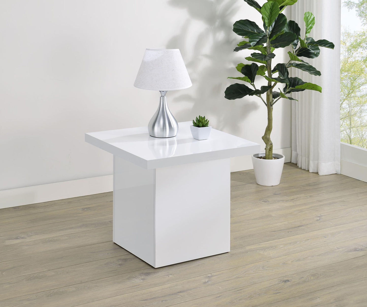 Devar Square Engineered Wood Side End Table White High Gloss